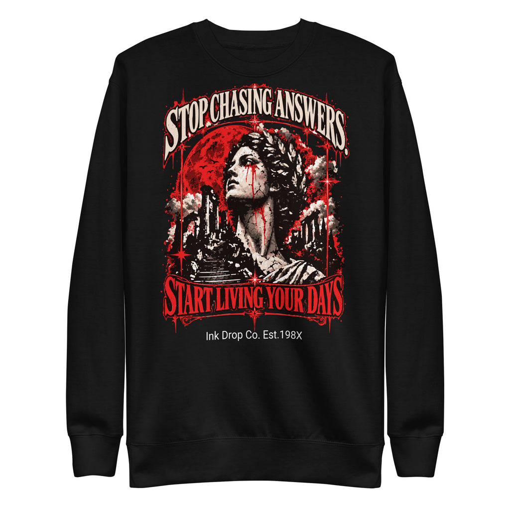 Black unisex crewneck sweatshirt with long sleeves and bold red/white portrait graphic