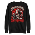 Black unisex crewneck sweatshirt with long sleeves and bold red/white portrait graphic