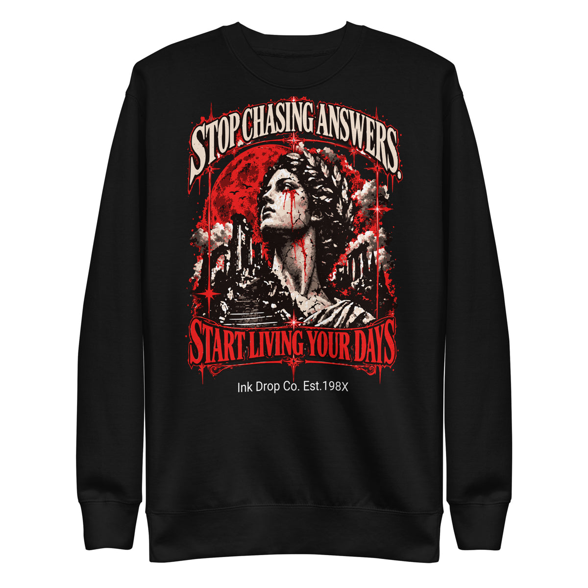 Black unisex crewneck sweatshirt with long sleeves and bold red/white portrait graphic