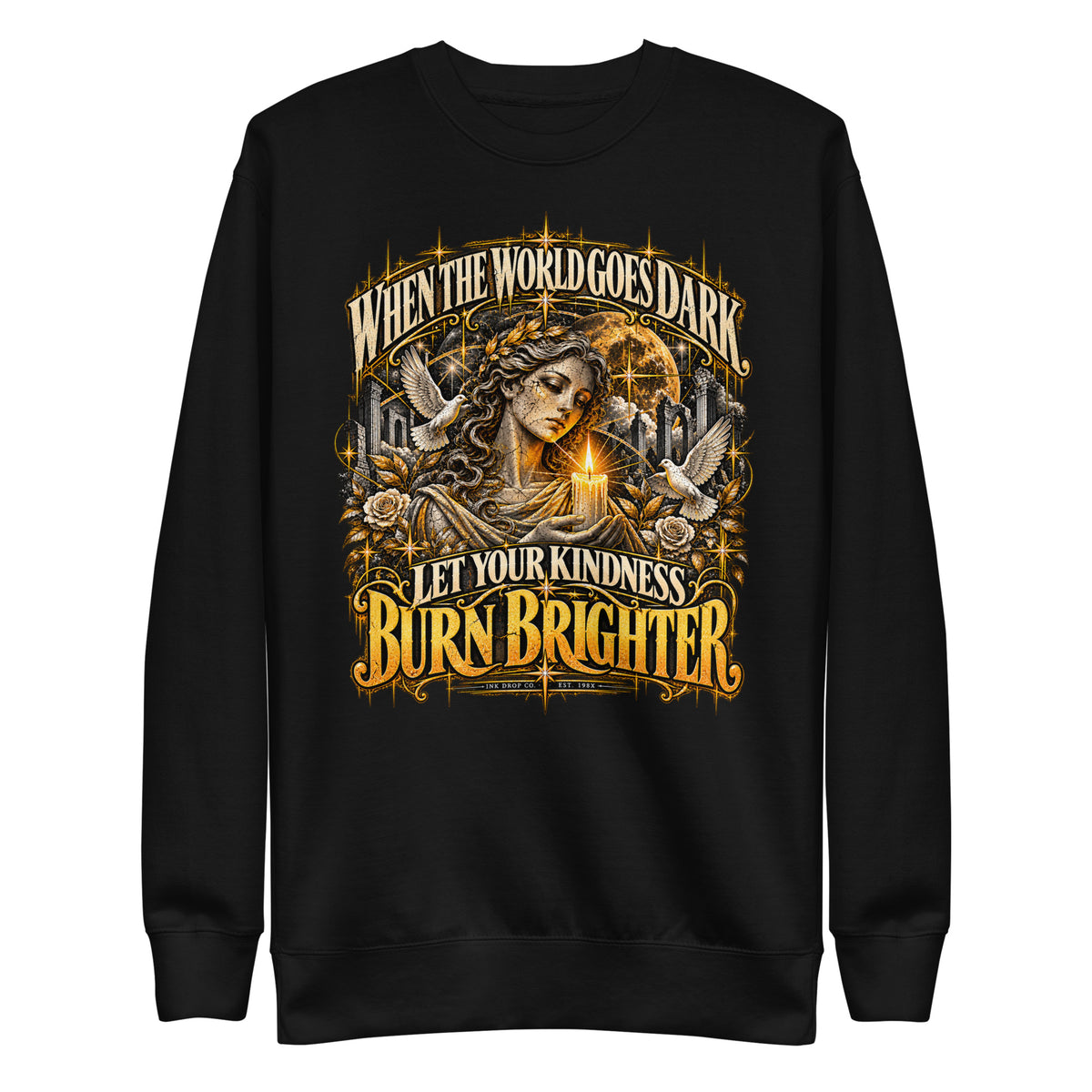 Unisex crewneck sweatshirt in black with gold graphic design on the front