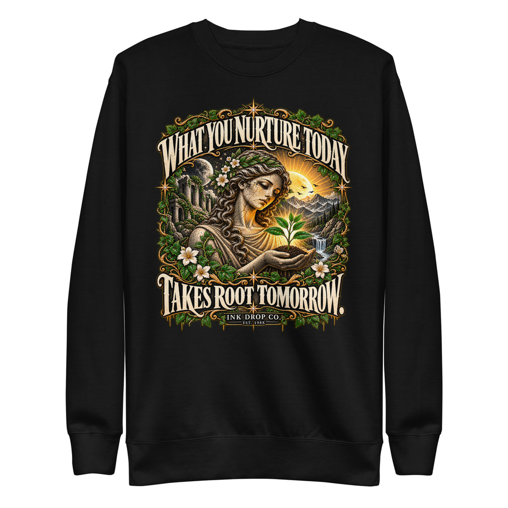 Black unisex crewneck sweatshirt with front nature graphic print, long sleeves