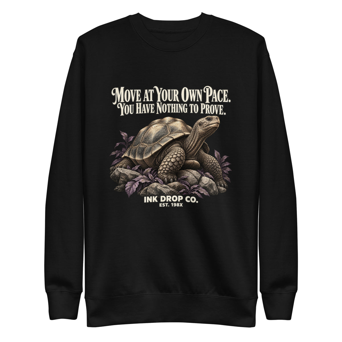 Unisex crewneck sweatshirt in black, front graphic print.