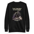 Black unisex crewneck sweatshirt with purple skull graphic on front