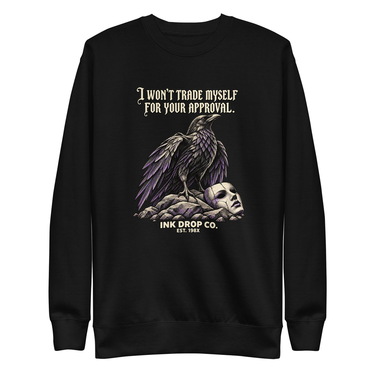 Black unisex crewneck sweatshirt with purple skull graphic on front