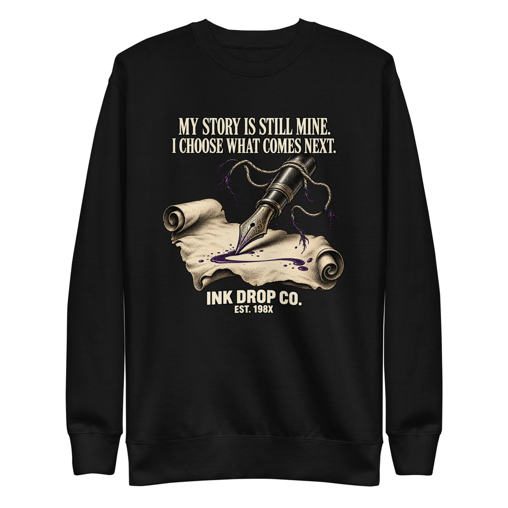 Unisex crewneck sweatshirt, black with front ink-drop graphic and slogan