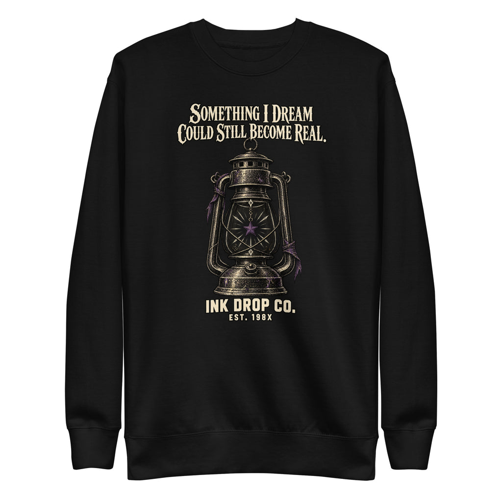 Black unisex crewneck sweatshirt with front lantern graphic print