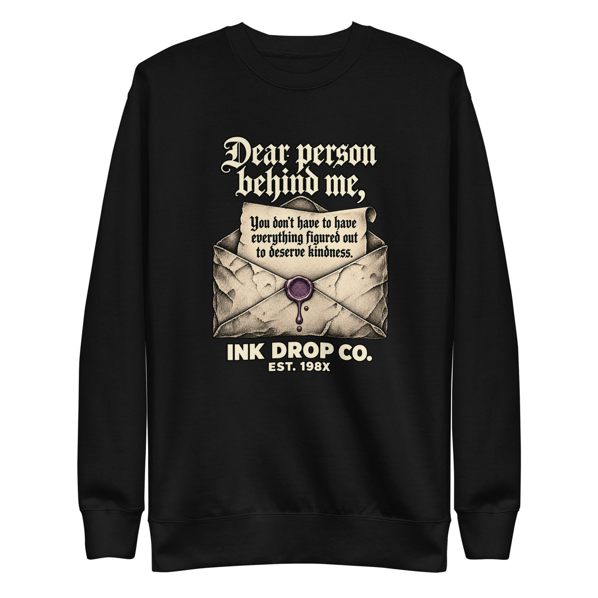 Black unisex crewneck sweatshirt with front graphic print and long sleeves