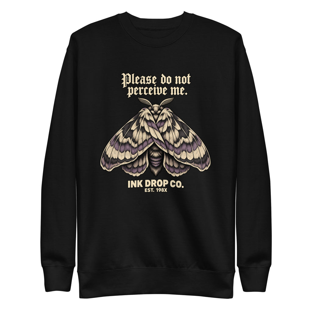 Black unisex crewneck sweatshirt with moth graphic and 'INK DROP CO.' print