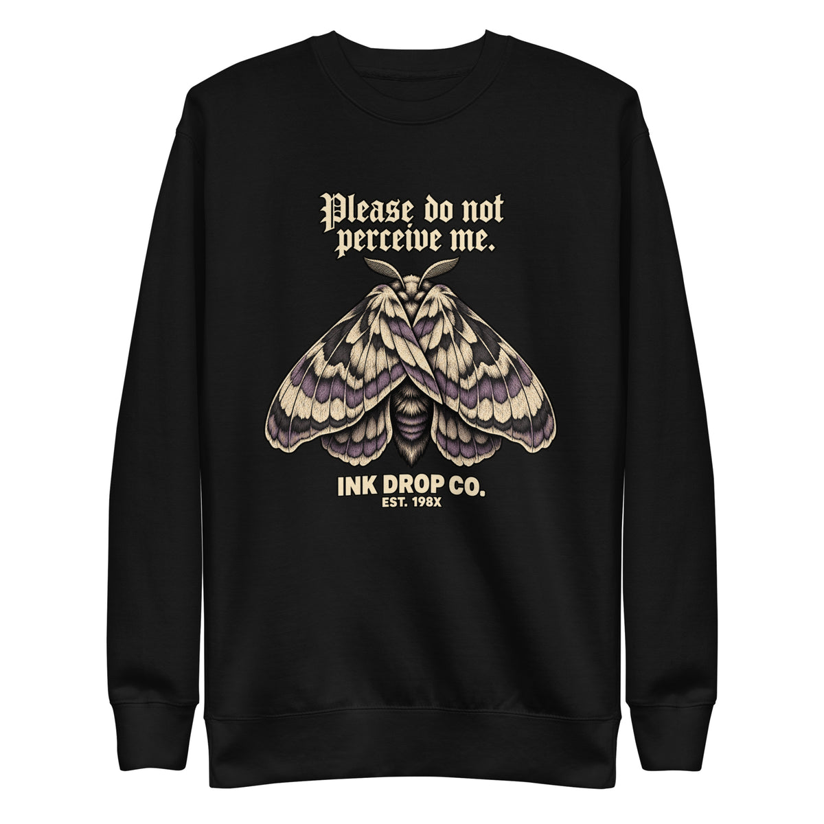 Black unisex crewneck sweatshirt with moth graphic and 'INK DROP CO.' print