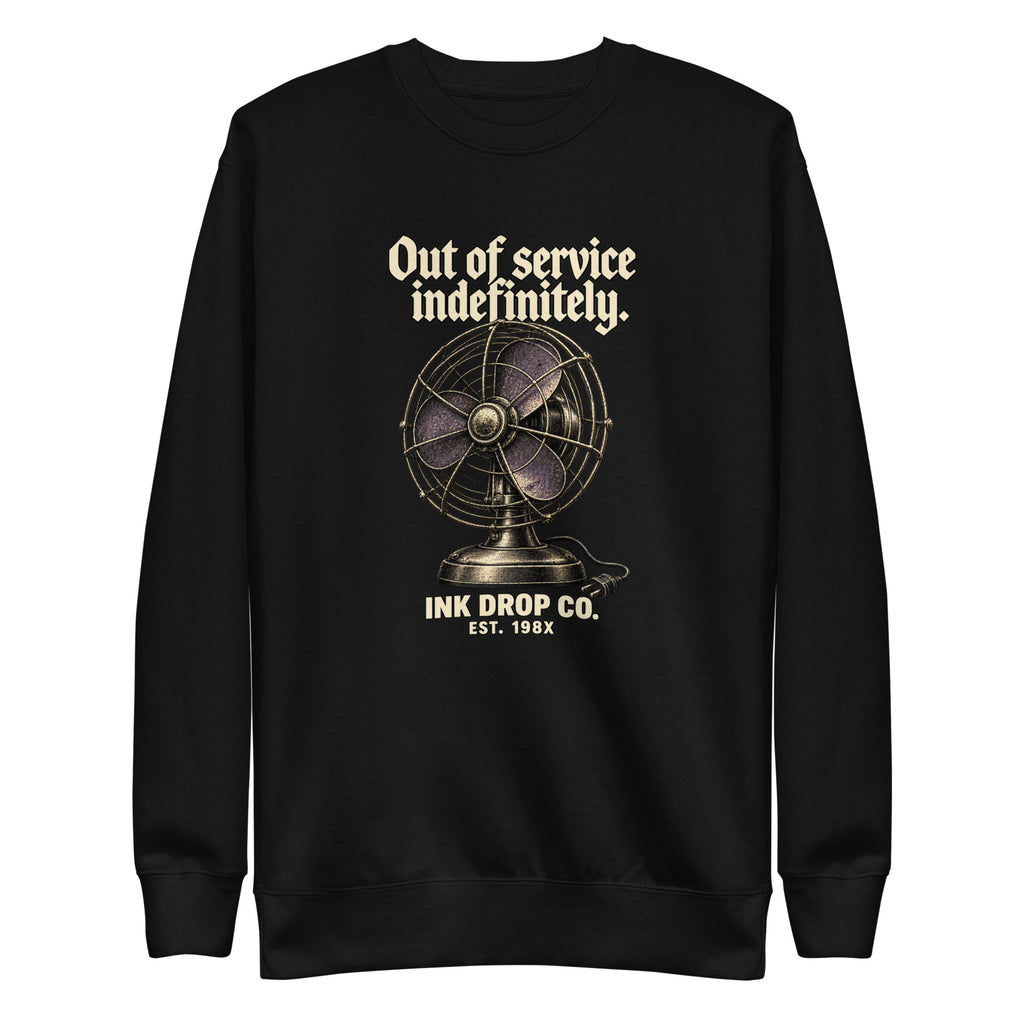 Black unisex crewneck sweatshirt, front vintage fan graphic