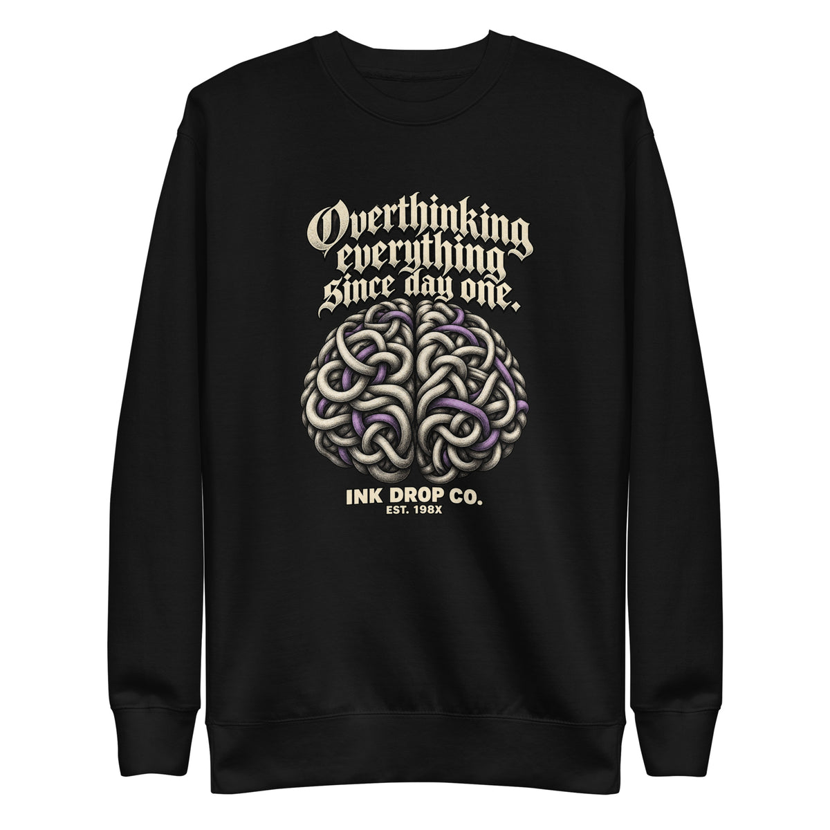 Black unisex crewneck sweatshirt with front graphic logo print on chest