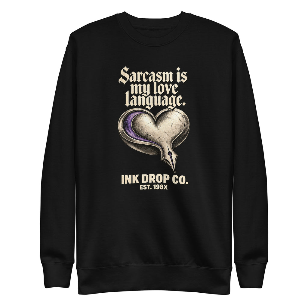 Unisex black crewneck sweatshirt with heart graphic and text logo on front