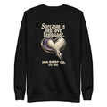 Unisex black crewneck sweatshirt with heart graphic and text logo on front