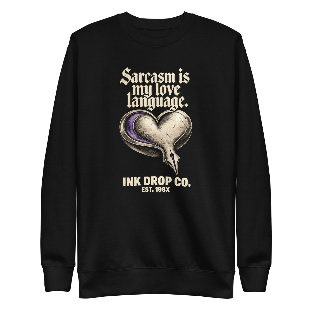 Unisex black crewneck sweatshirt with heart graphic and text logo on front