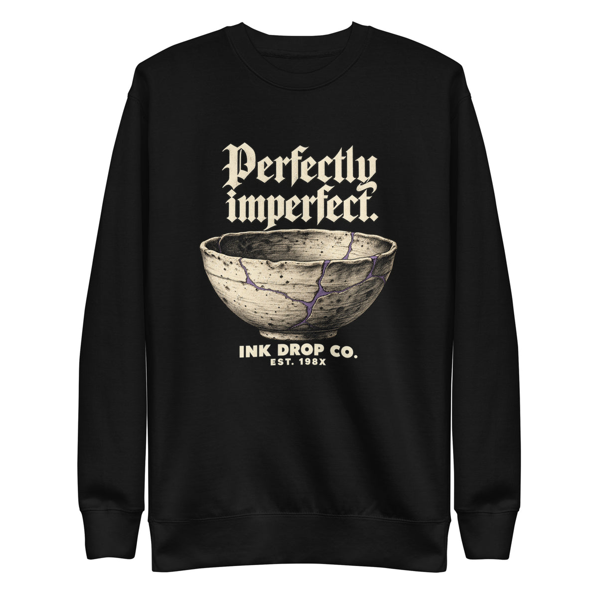 Black crewneck sweatshirt with bowl graphic and 'Perfectly imperfect' print, long sleeves.