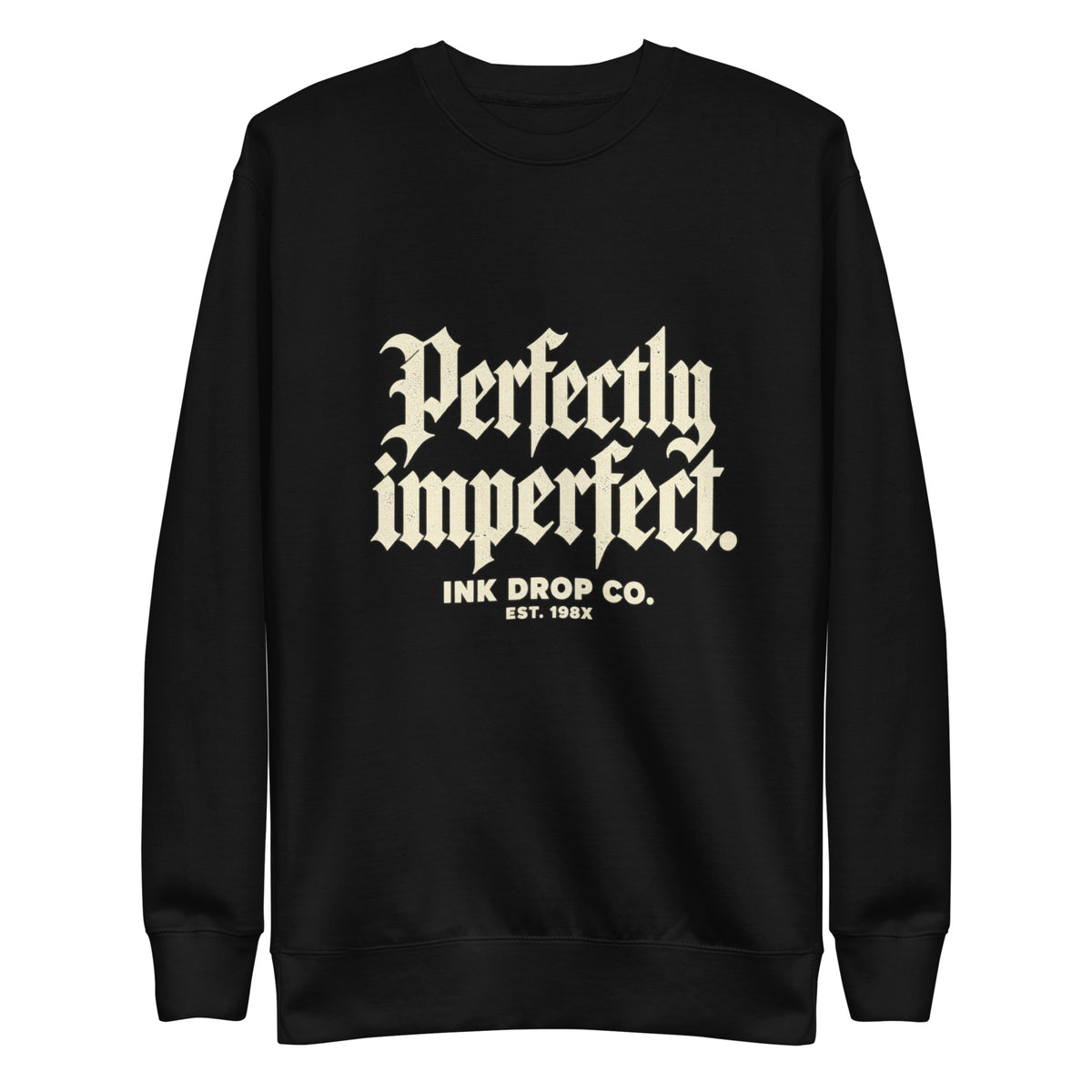 Unisex crewneck sweatshirt, black, with gold typography graphic on the front