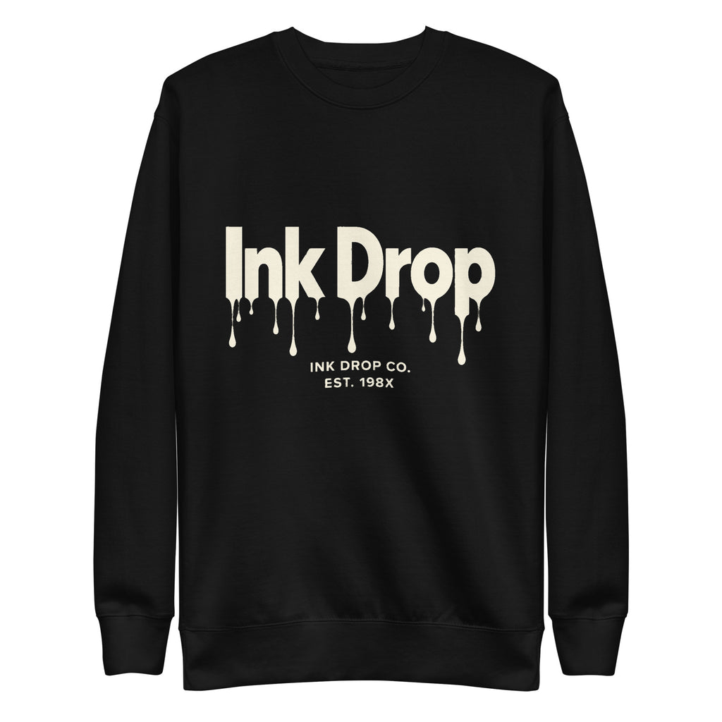 Black unisex crewneck sweatshirt with Ink Drop drip logo and small EST. 198X text