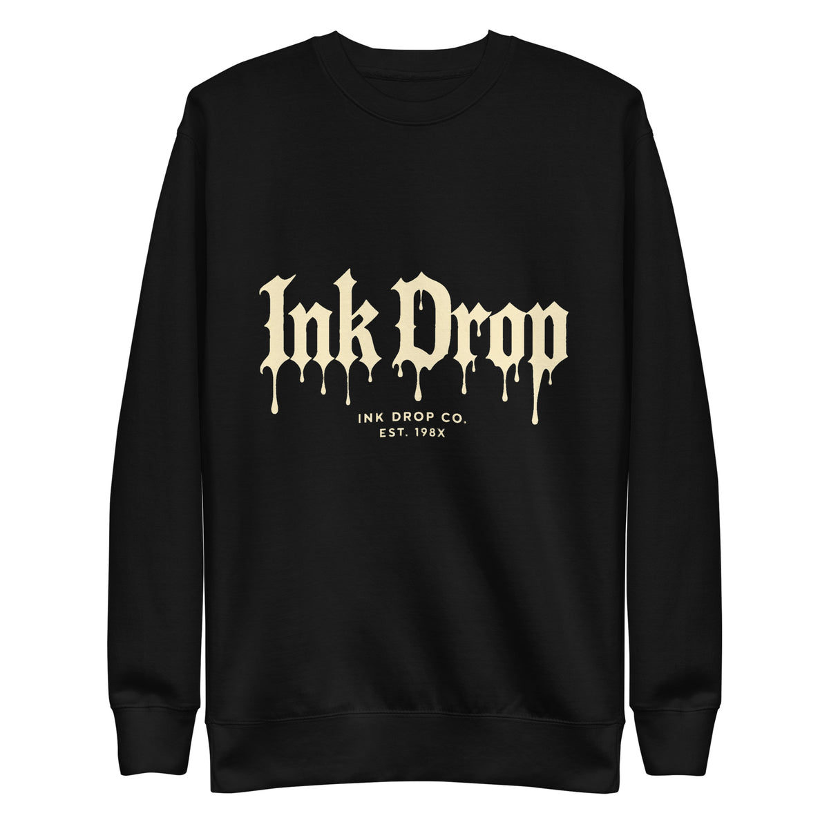 Black unisex crewneck sweatshirt with front gothic drip logo print, long sleeves