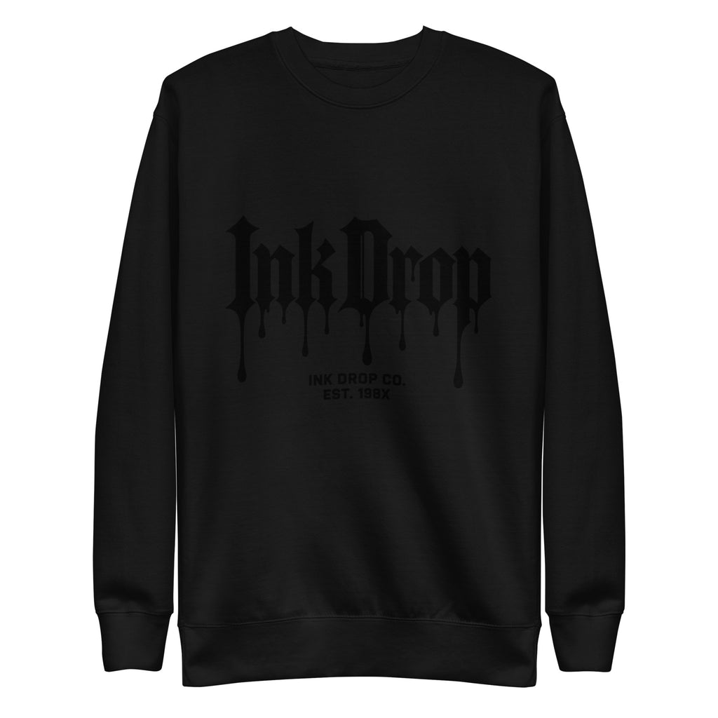 Black crewneck sweatshirt with InkDrop gothic drip logo print on front