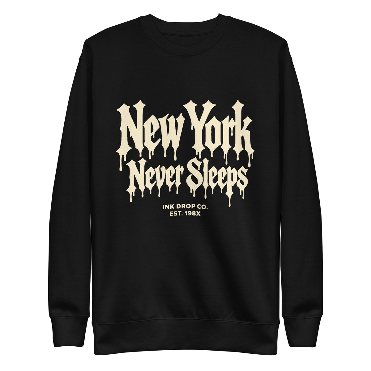 Black unisex crewneck sweatshirt with "New York Never Sleeps" front graphic