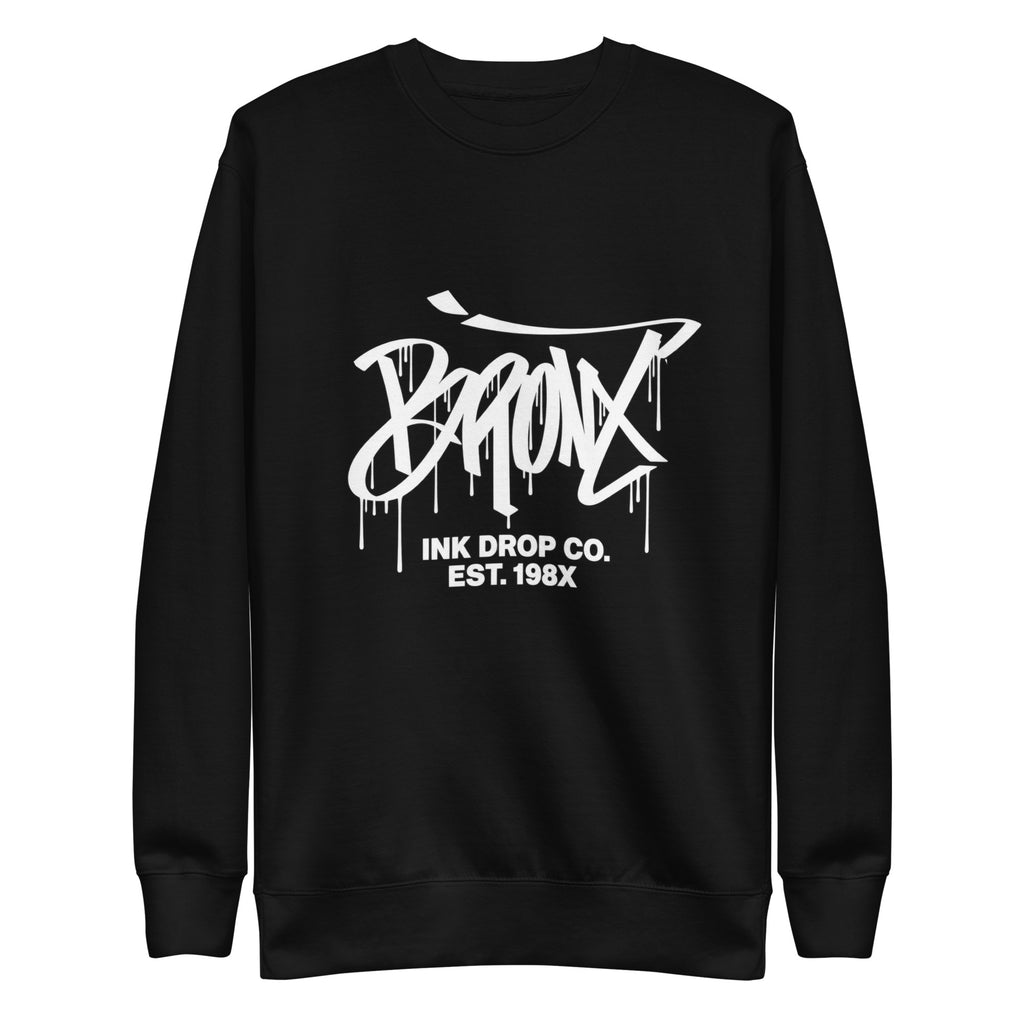 Black crewneck sweatshirt with front graffiti-style logo graphic print