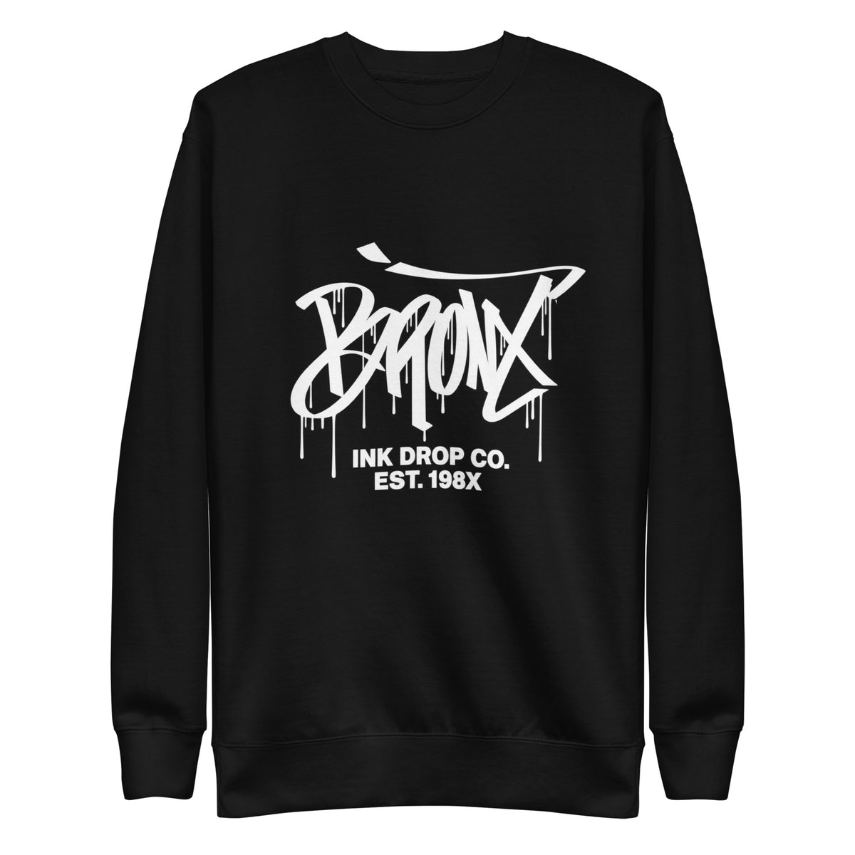 Black crewneck sweatshirt with front graffiti-style logo graphic print
