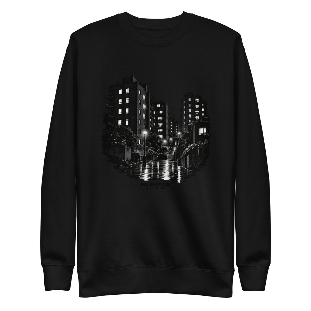 Unisex graphic crewneck sweatshirt in black with city night scene front print