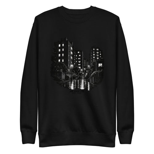 Unisex graphic crewneck sweatshirt in black with city night scene front print