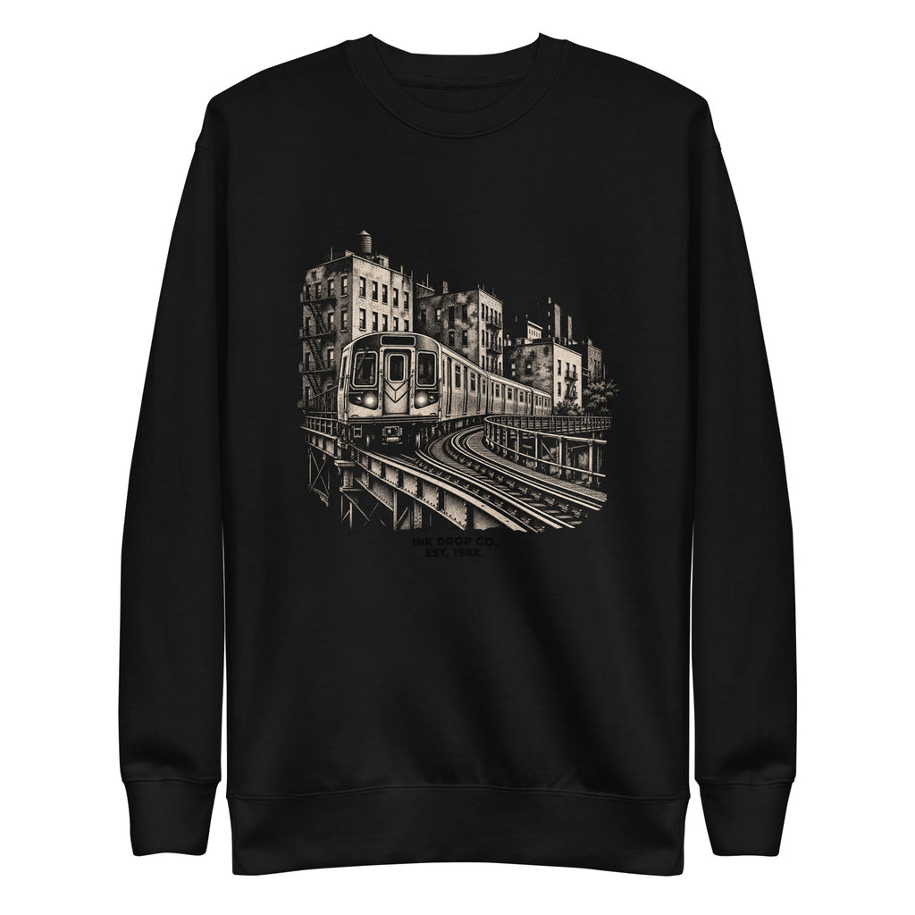 Unisex graphic crewneck sweatshirt, black, front view with city train print