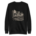 Unisex graphic crewneck sweatshirt, black, front view with city train print