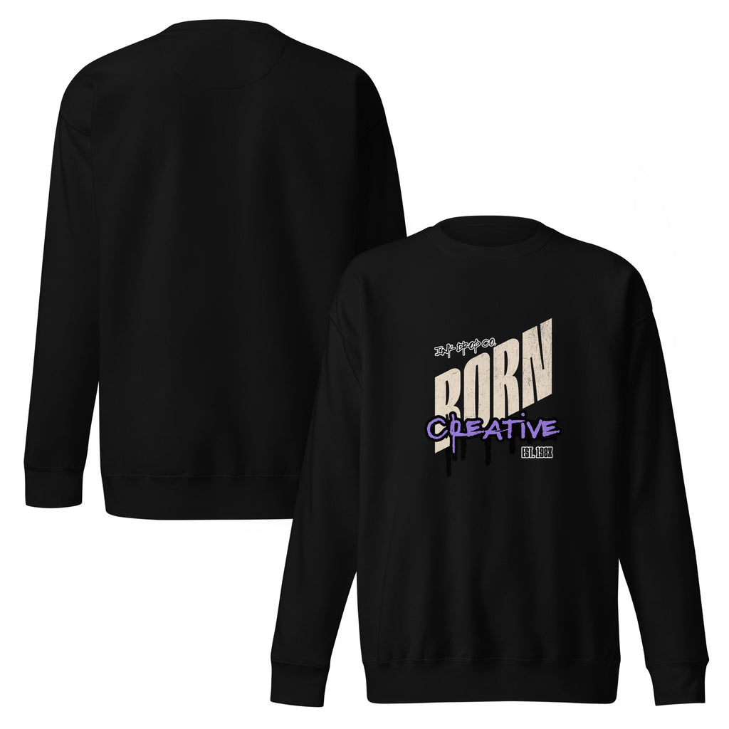 Black crewneck sweatshirt with Born Creative graphic, front and back views