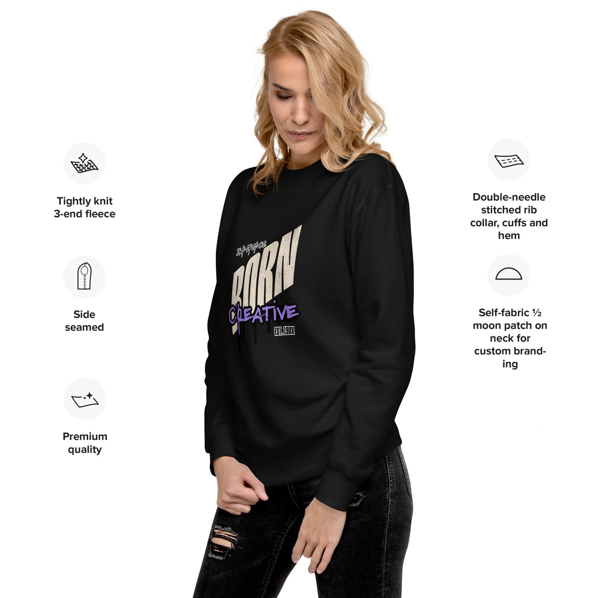 Black crewneck sweatshirt with Born Creative graphic on chest, long sleeves