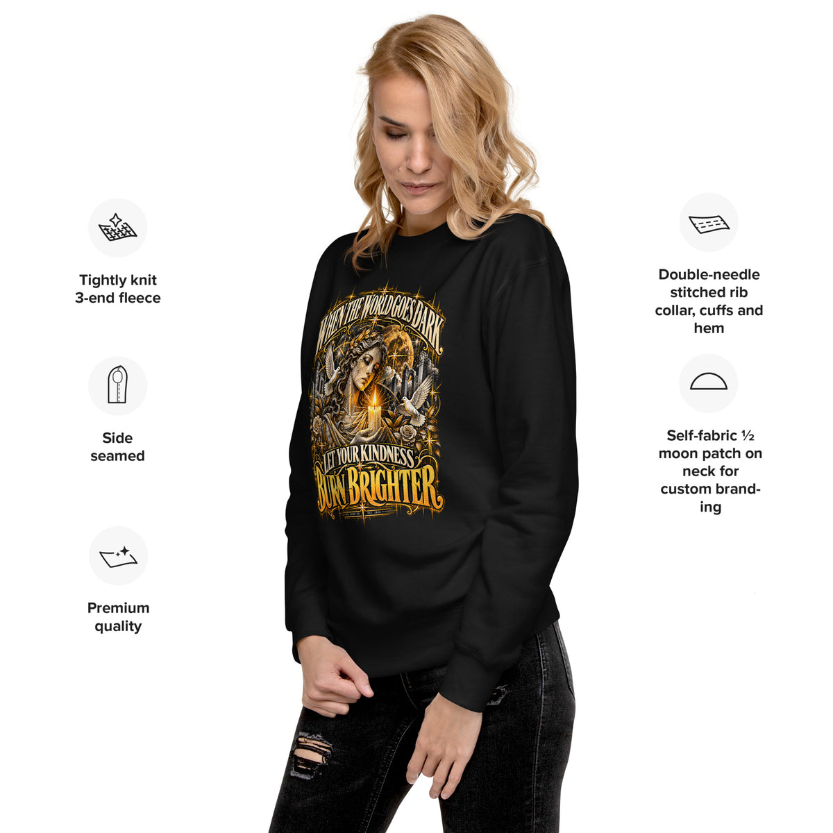 Unisex crewneck sweatshirt in black with gold graphic design on the front, model view