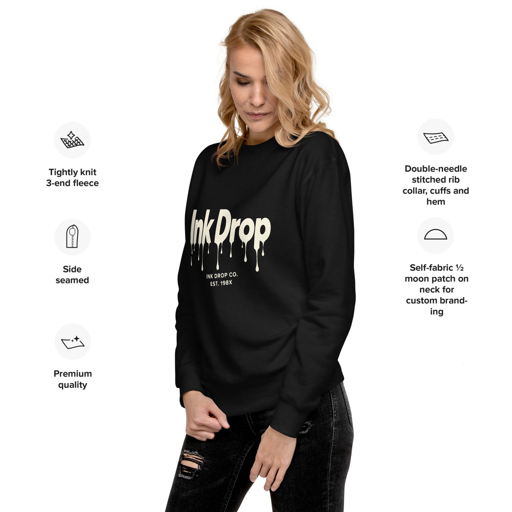 Black unisex crewneck sweatshirt with Ink Drop drip logo and tiny EST. 198X text