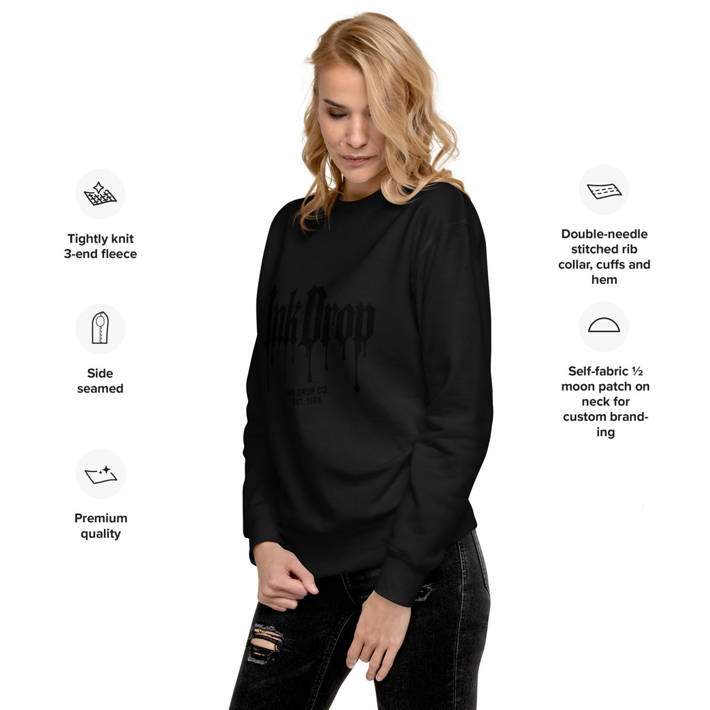 Black crewneck sweatshirt with InkDrop gothic drip logo print on front