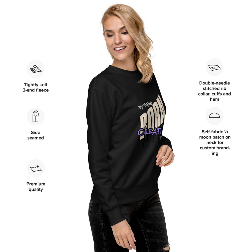Black crewneck sweatshirt with Born Creative chest graphic, ribbed cuffs and hem