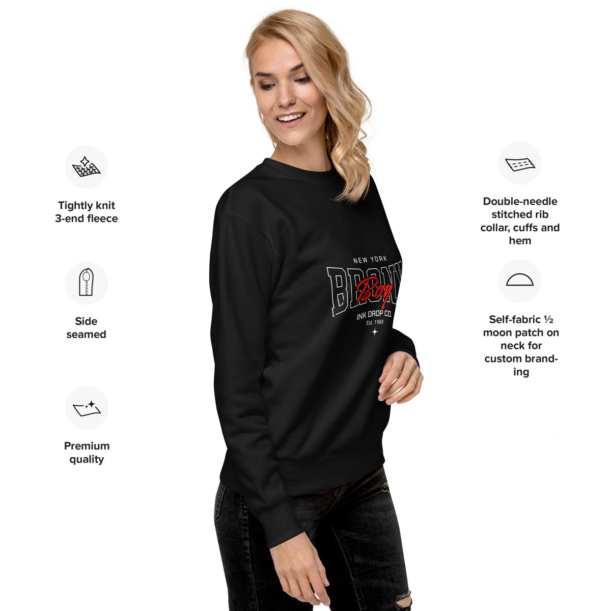Black crewneck sweatshirt with front New York Bronx logo graphic on wearer