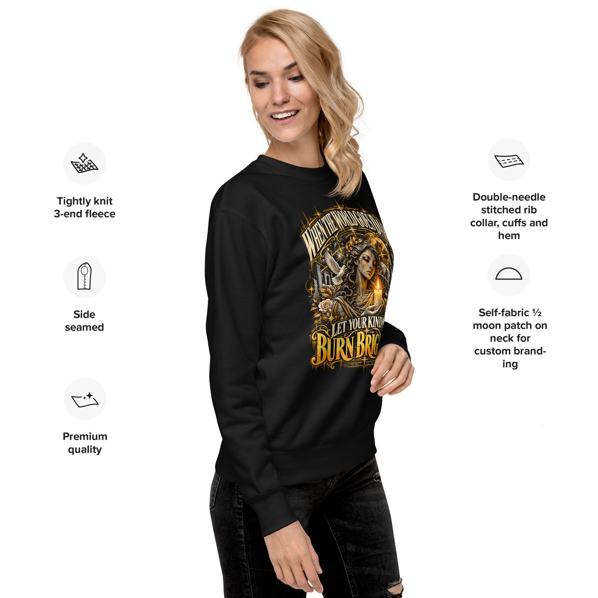 Unisex crewneck sweatshirt in black with partial gold front graphic, side view