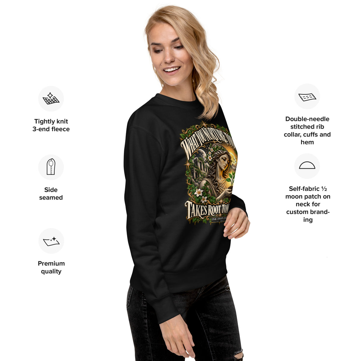 Black unisex crewneck sweatshirt with front graphic on model, side view