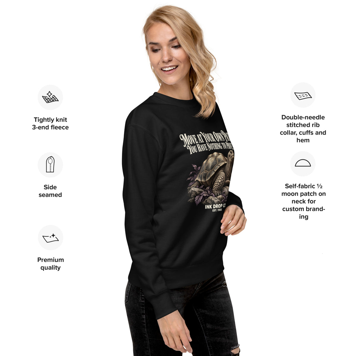 Unisex crewneck sweatshirt in black, side/front view with graphic print.
