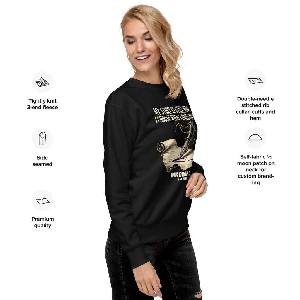 Unisex crewneck sweatshirt, black front graphic and ribbed hem worn by model