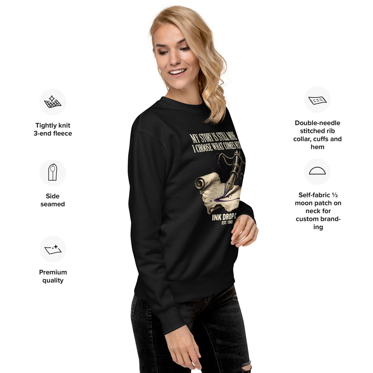 Unisex crewneck sweatshirt, black front graphic and ribbed hem worn by model