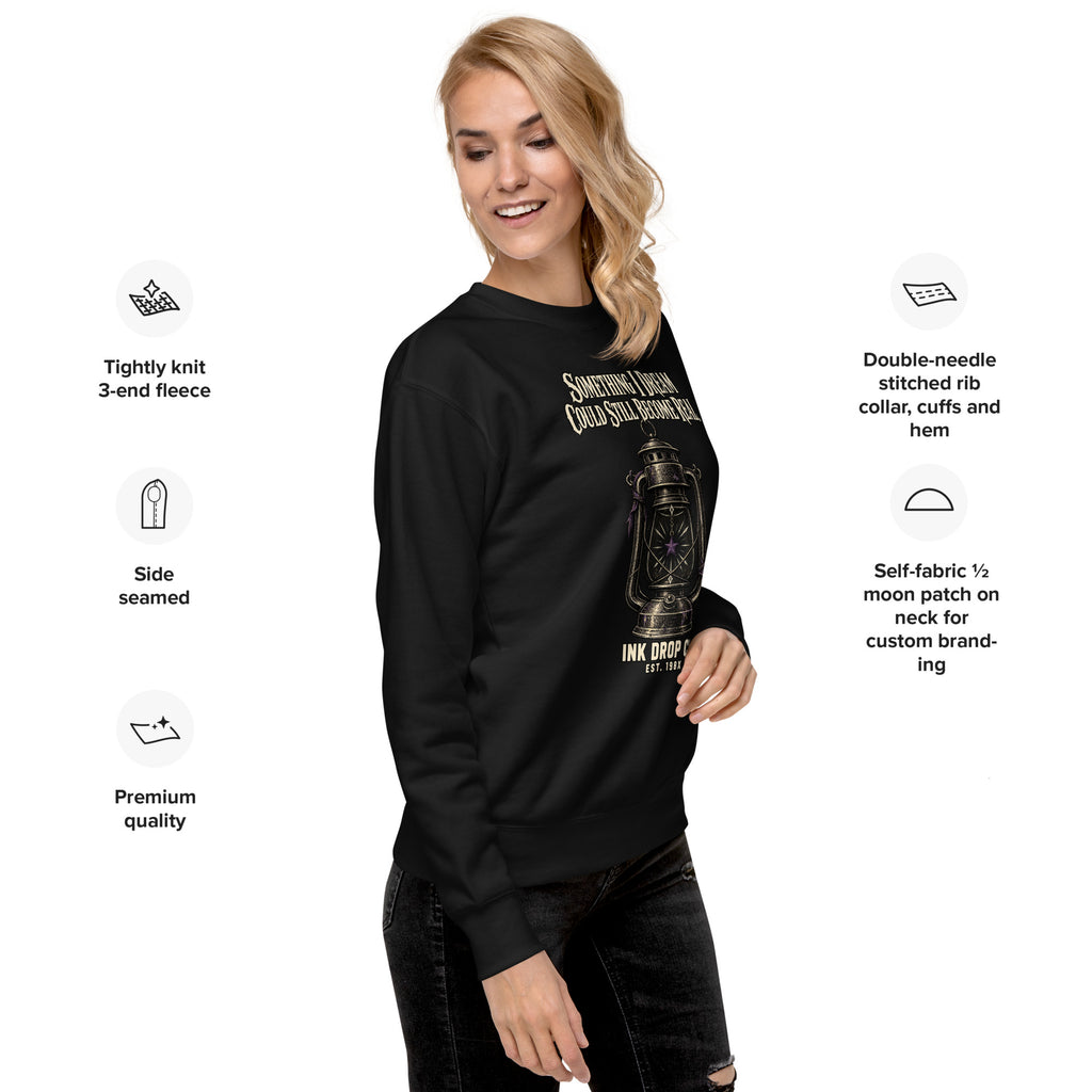 Black unisex crewneck sweatshirt in side view with lantern graphic print