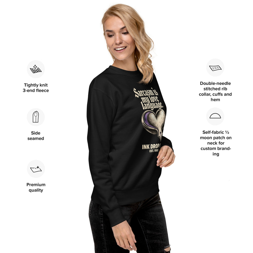 Unisex black crewneck sweatshirt, side view with heart graphic