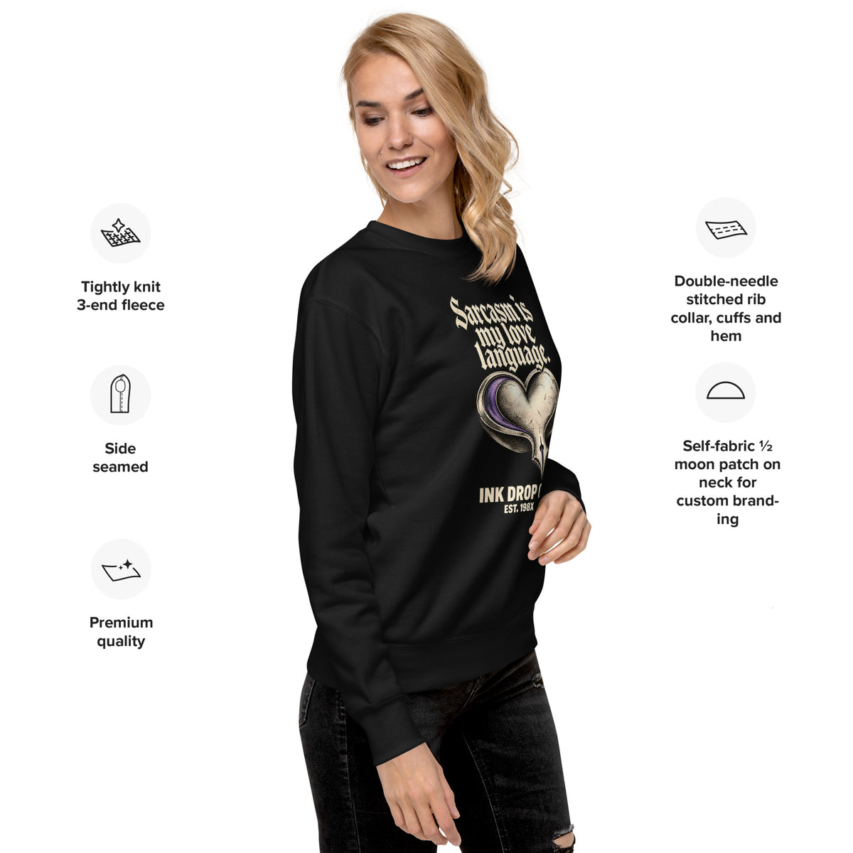 Unisex black crewneck sweatshirt, side view with heart graphic