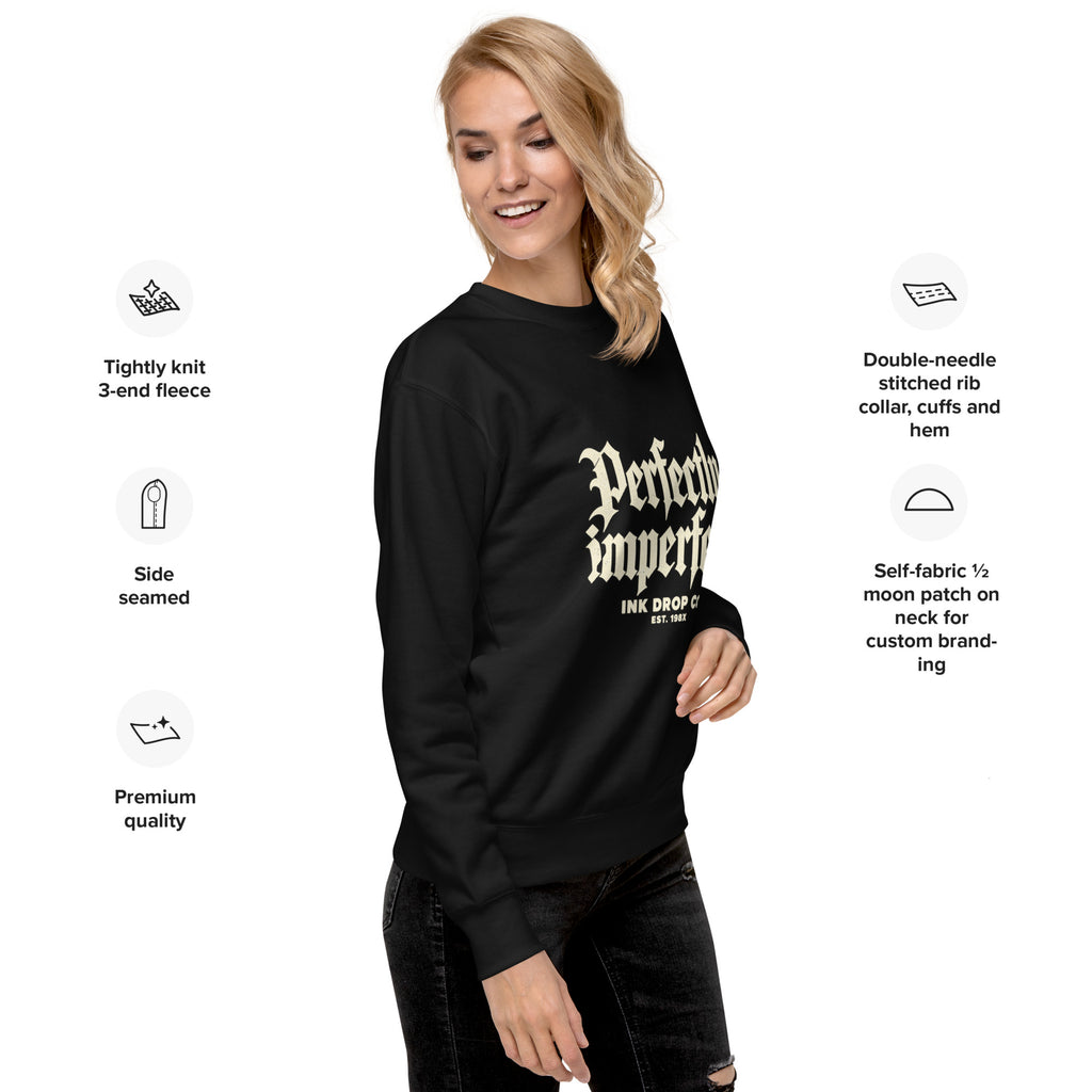 Unisex crewneck sweatshirt, black, angled front view on model with gold typography graphic