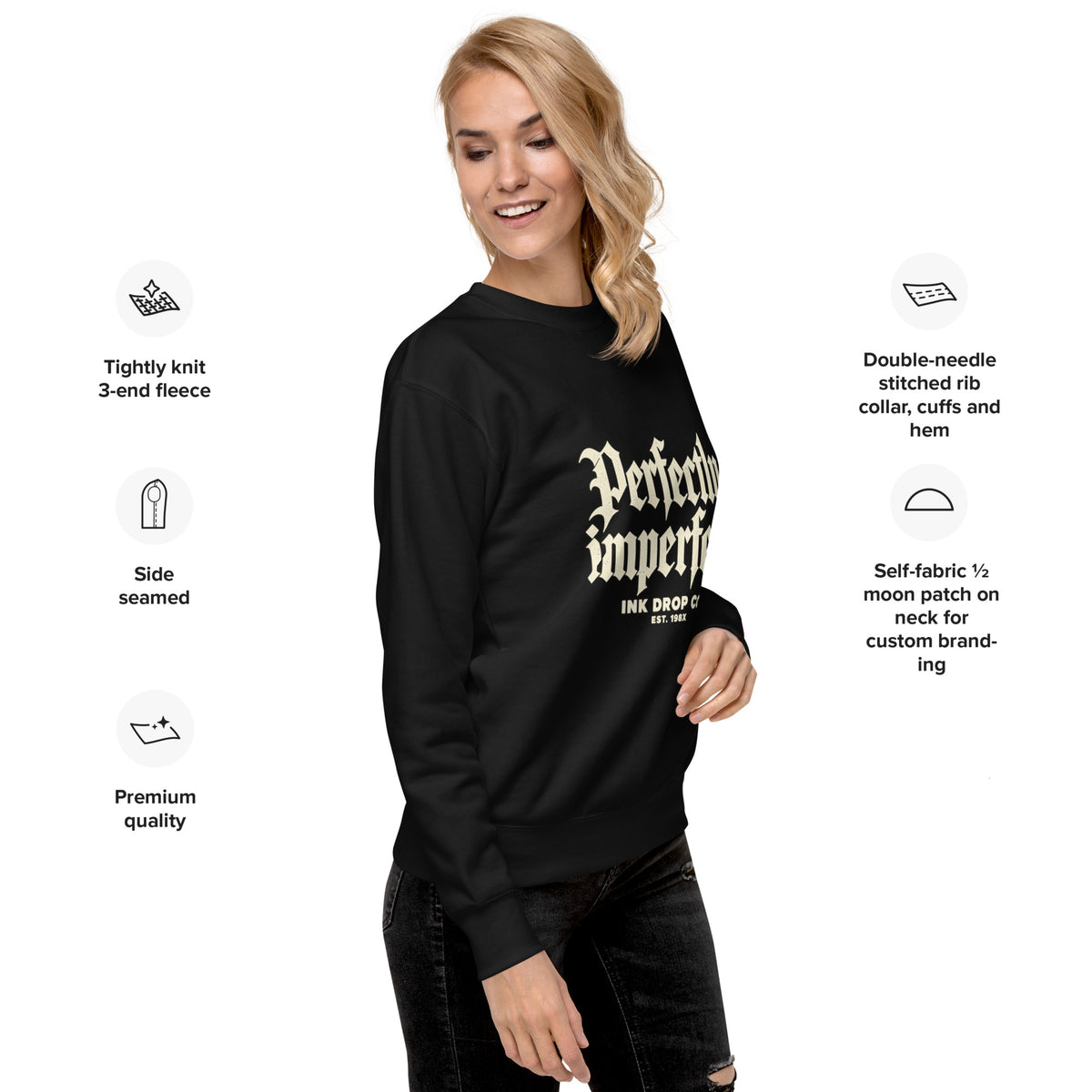 Unisex crewneck sweatshirt, black, angled front view on model with gold typography graphic