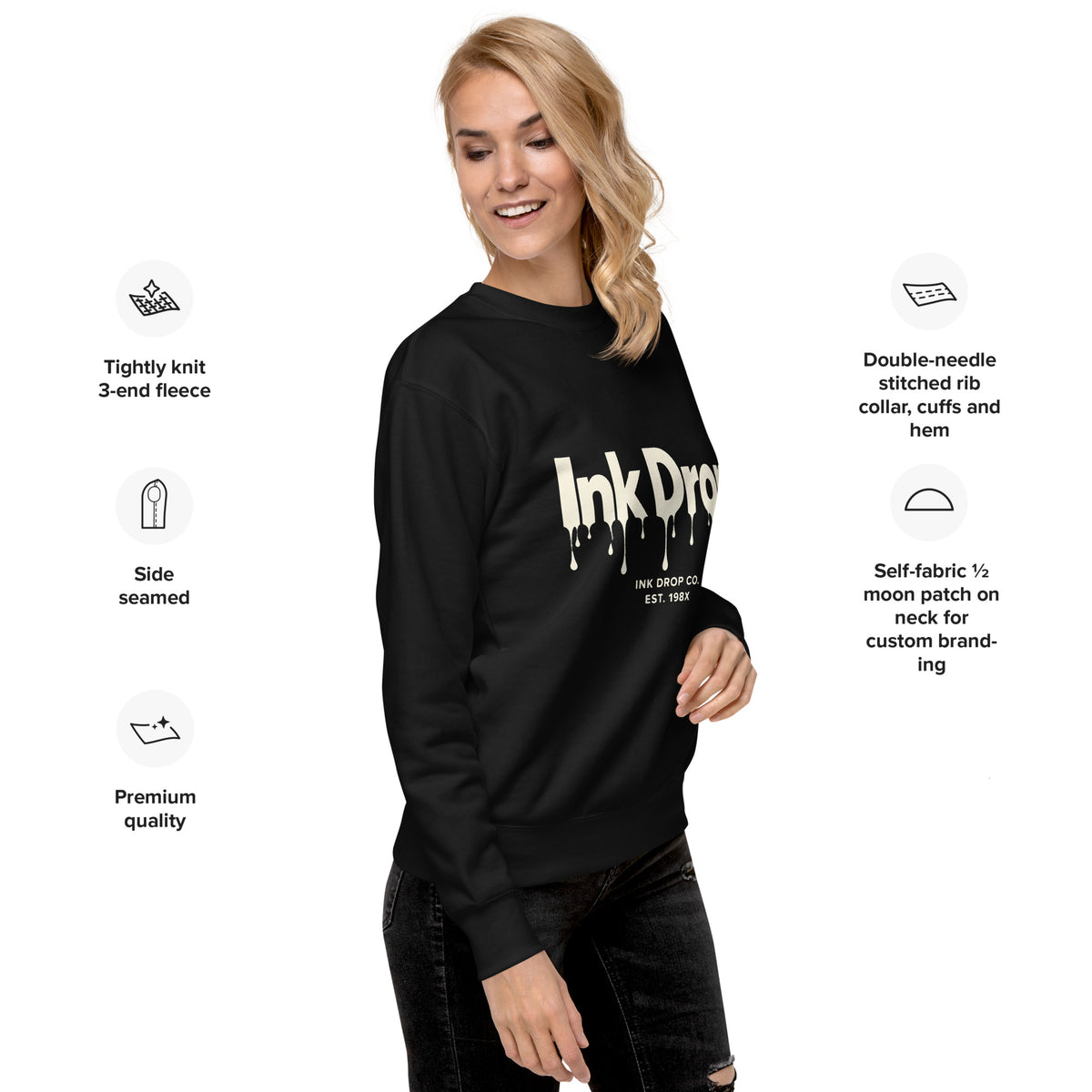 Black unisex crewneck sweatshirt with partial Ink Drop drip logo graphic on front