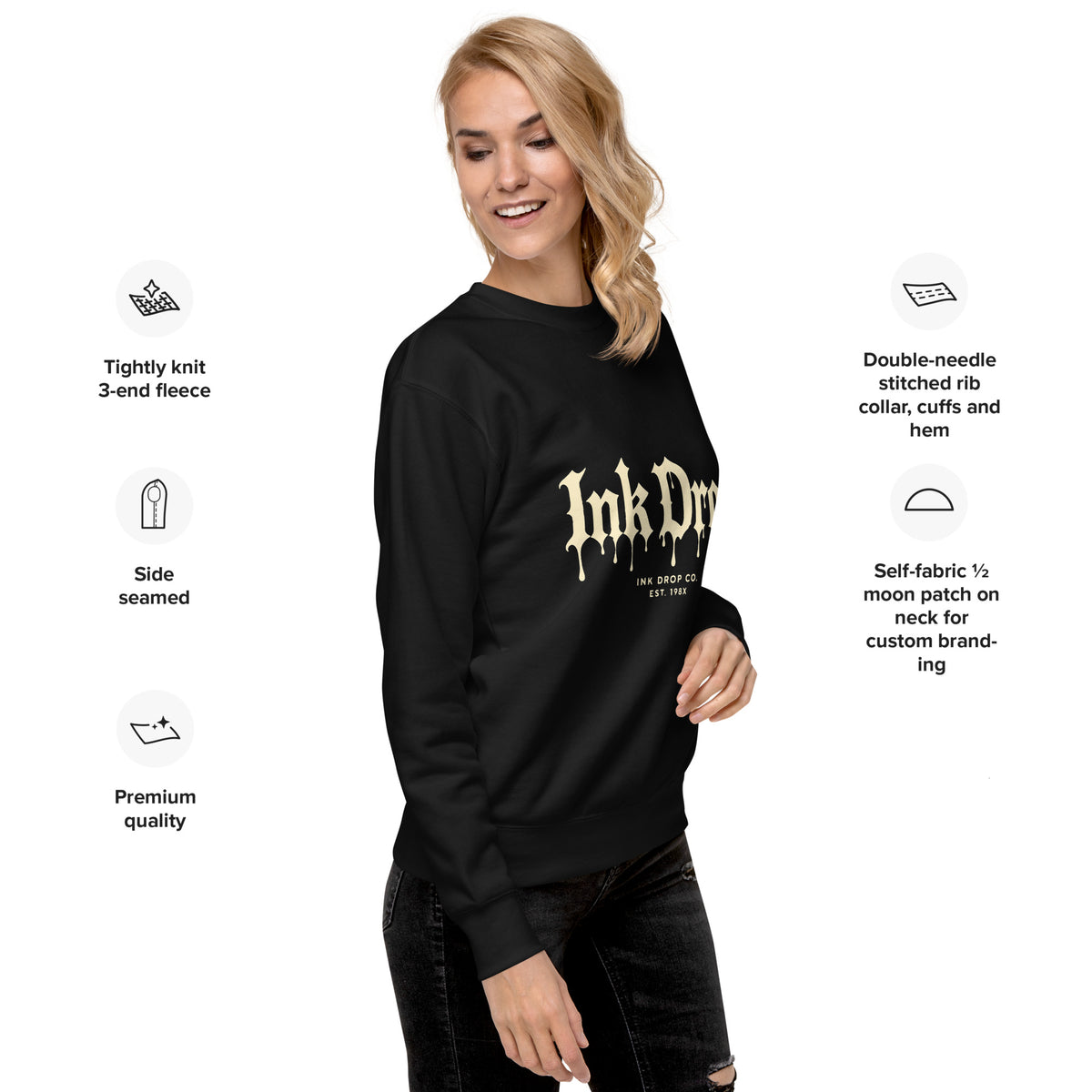 Black unisex crewneck sweatshirt on model, front gothic drip logo print