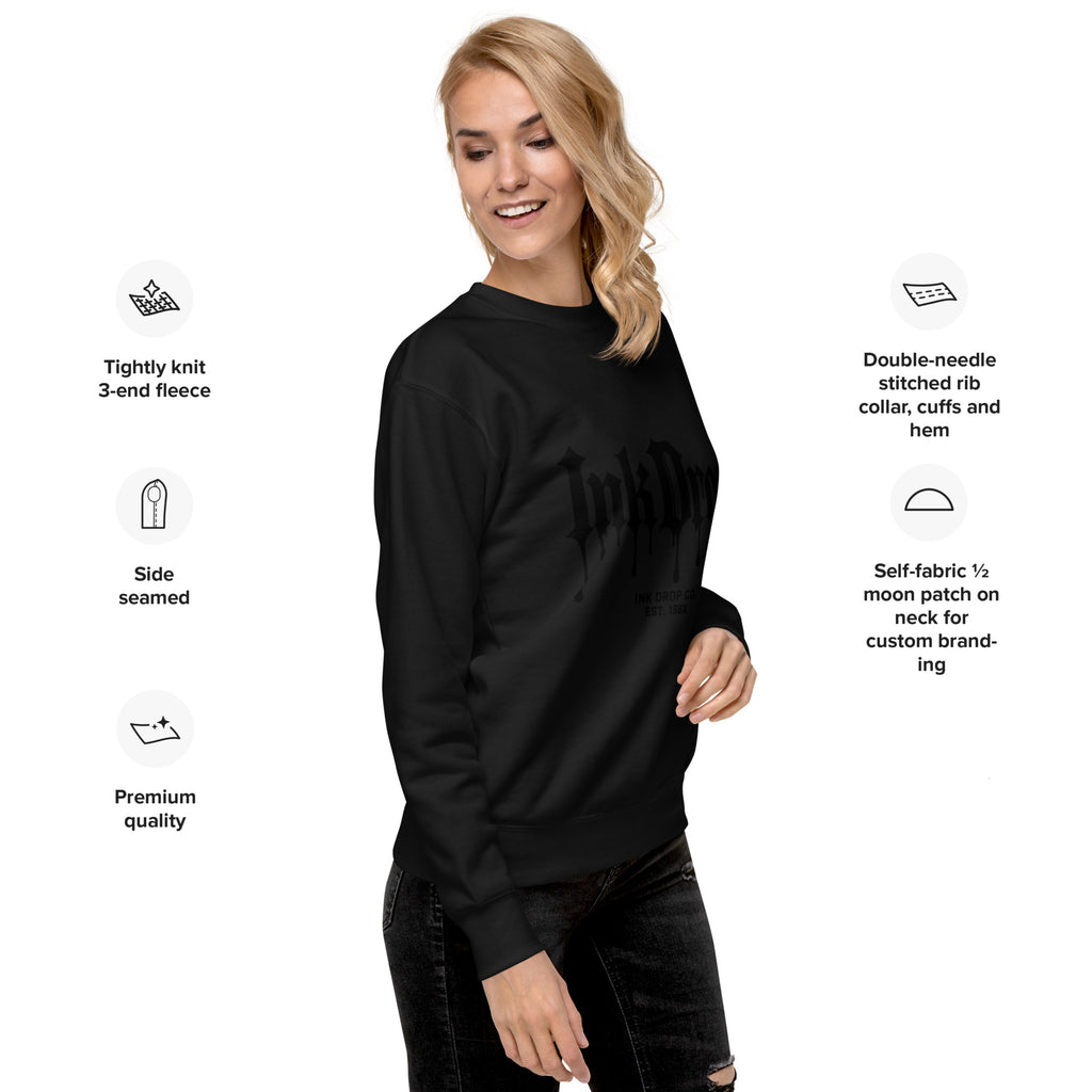Black crewneck sweatshirt with InkDrop gothic drip logo print on front